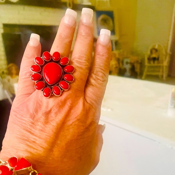 Coral and sterling silver ring